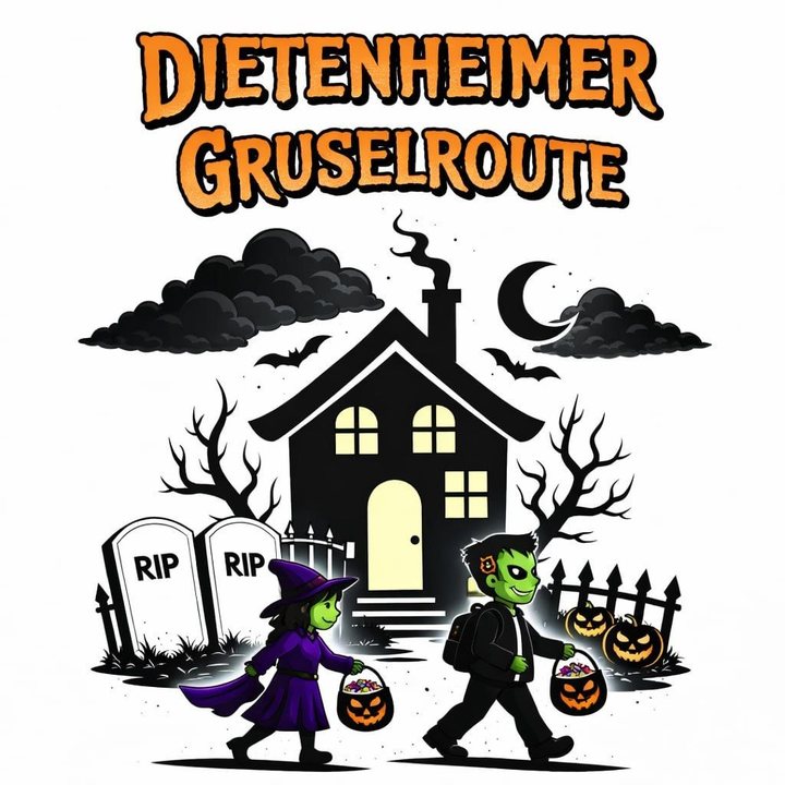 Plakat der Dietenheimer Gruselroute: Zwei verkleidete Kinder sammeln Süßigkeiten vor einem Spukhaus